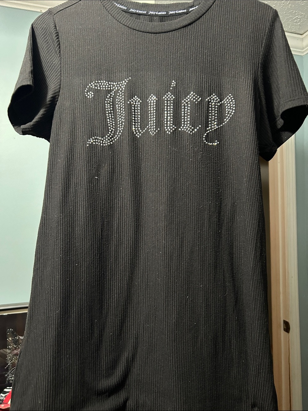 Juicy Couture Black Short Sleeve Ribbed Pajama Dress with Rhinestone Juicy Logo